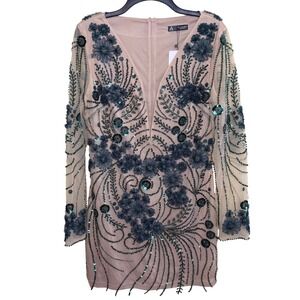 Anewsta Floral Sequin Mesh Mini Dress Tan Green Size Large Glam Party Cocktail